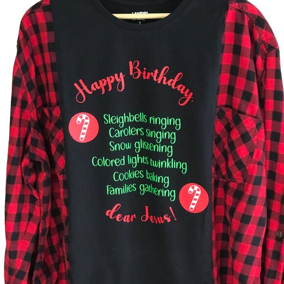 Plaid Flannel Shirt Upcycle, Size L XL 2XL: Oversized Christmas Graphic T-Shirt - Picture 5 of 7